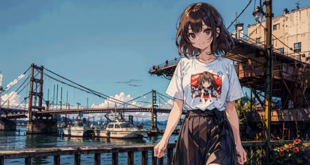 masterpiece,best quality,1girl, t-shirt, skirt, smile, cowboy shot,