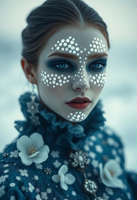 Ultra realistic portrait , By Eric Lacombe By Patrice Murciano Frostpunk Fashion Photography, white glacial blue, minimalism, smoked eye shadow, illuminated white bulging biomorphic dot pattern, glacial landscape, glacial flowers, bokeh snowflakes, volumetric particle dust, powdered paint pigment, vivid color, misty aether houte - couture rococo glacial clothing, holga medium format camera, etherial lighting, backlighting, in the style of, professional ominous concept art, by artgerm and greg rutkowski, an intricate, elegant, highly detailed digital painting, concept art, smooth, sharp focus, illustration, in the style of simon stalenhag, wayne barlowe, and igor kieryluk.