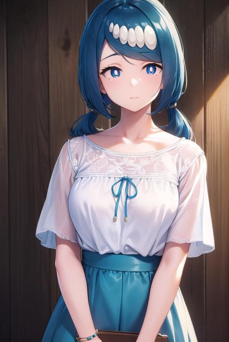 pokemonmotherlana, <lyco:pokemonmotherlana-lyco-nochekaiser:1>,
pokemonmotherlana, blue eyes, blue hair, freckles, hair ornament, long hair, swept bangs, (bright pupils:1.5),
BREAK blouse, blue skirt, bracelet, collarbone, dress, jewelry, long skirt, shirt, short sleeves, skirt, white shirt,
BREAK looking at viewer, full body, (cowboy shot:1.5),
BREAK indoors,
BREAK <lyco:GoodHands-beta2:1>, (masterpiece:1.2), best quality, high resolution, unity 8k wallpaper, (illustration:0.8), (beautiful detailed eyes:1.6), extremely detailed face, perfect lighting, extremely detailed CG, (perfect hands, perfect anatomy),