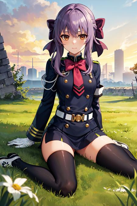 masterpiece, best quality, highres, aashinoa, hair bow, military uniform, red bowtie, long sleeves, armband, white gloves, belt, black thighhighs, <lora:hiiragi_shinoa_v1:0.7>, wariza, grass, ruins