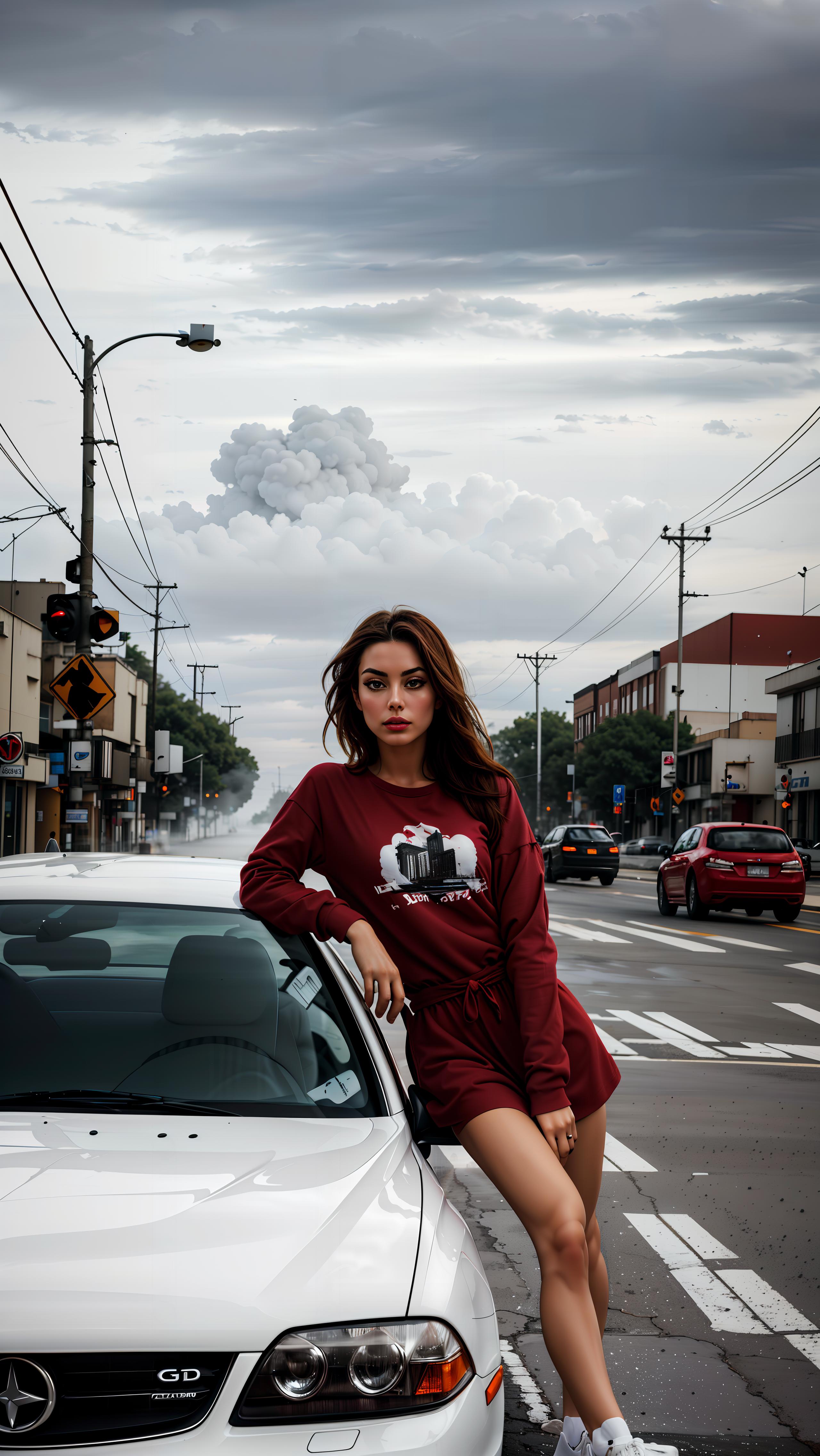 A woman posing on a street near a car.