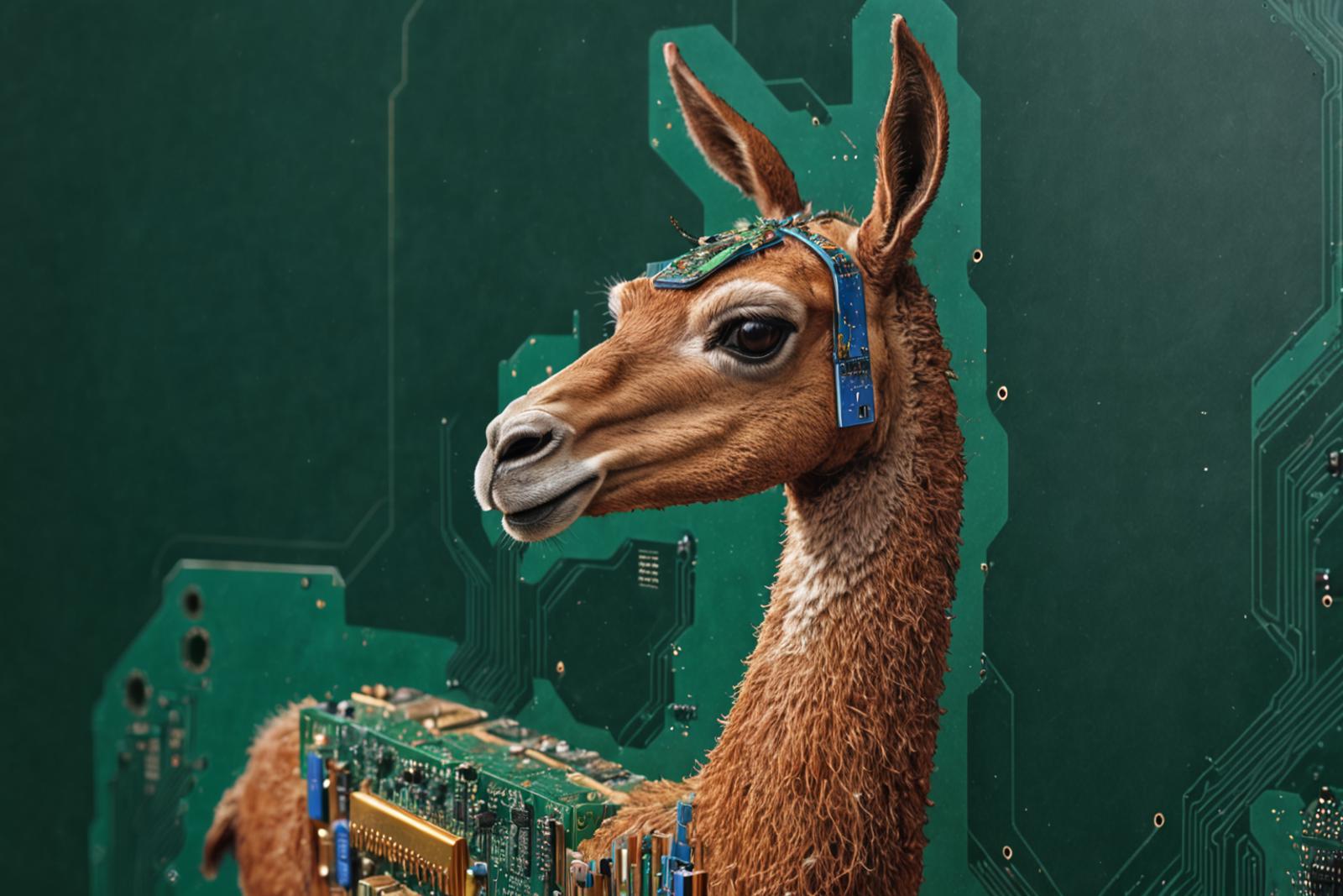 A computer circuit board with a brown and white llama on top.