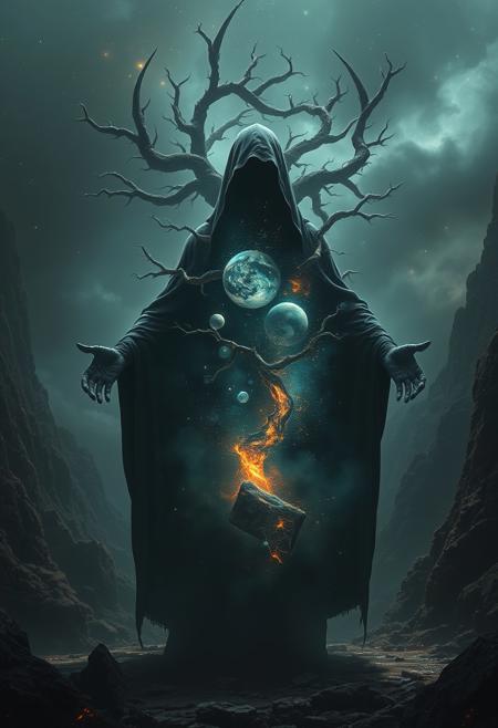 A universe inside a dark cloaked figure within mysterious landscape in an unfathomable realm of fantastic creation inhabited by ancient shadows of a forgotten time beyond the gate of the gateless gate where life is limitless, light is shadow and shadow is light, eerie sense, horror, spark of the beginning, existence and nonexistence at once, ethereal, outstretched arms, behold the end of the beginning, inglorious glory to the dark one, betrayal of the ancient order, beware the 7headed beast, destroyer of the old ways, bearer of the unbearable, nightmarish, archaic runes, tree aging backwards, breath of the gods, ruins of a place unimagined, extreme intricate detail, photorealistic, beyond epic scene, fate discarded, unseeable face of god, the end is the beginning, the beginning is the end