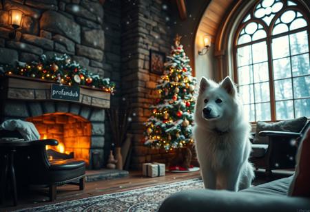 score_9, score_8_up,score_7_up, score_6_up, score_5_up, score_4_up,
best quality, masterpiece, highres, soft lighting,atmospheric lighting, 8K,
large, stone castle,inside,living room with fireplace,stone fireplace
,(window),,((((large closed window)))),(morning light coming in),
Outside the window Snow is falling,it's snowing, (a lot of snow),(forest), 
super cute, close up, dynamic angle
,A white fluffy dog by a christmas tree, (((nearby lies sign saying "profandub")))
,A white fluffy dog by a christmas tree, (((nearby lies sign saying "profandub")))
,A white fluffy dog by a christmas tree, (((nearby lies sign saying "profandub")))
,A white fluffy dog by a christmas tree, (((nearby lies sign saying "profandub")))