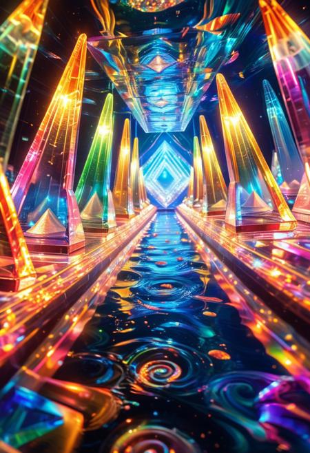 psychadelic, PsychadelicChaos, A chaotic cybernetic ocean where waves are made of glowing digital code, constantly shifting between liquid crystal and shimmering, fractal electricity. Enormous fish with bodies made of morphing circuitry and iridescent chrome swim through the air, their scales pulsating like glitching holograms. The water below is not just liquid but a constantly evolving landscape of mirrored reflections, infinite tunnels of color shifting in an endless feedback loop. Floating, glass-like pyramids refract the neon light, casting infinite rainbows across the sky. A massive, ever-changing portal hovers above the ocean, its center spiraling into an unknown, psychedelic dimension.