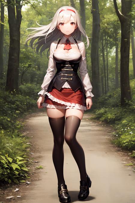 annasennen hairband, detached collar, brooch, ascot, shirt, underbust, frilled skirt, thighhighs