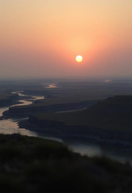 On the ground you can see the majestic land and river, and in the distance the sun rising over the horizon.
depth of field, masterpiece, best quality, 8k, ultra-detailed, very aesthetic, superb composition, finest details, intricate details, absurdres, high contrast,