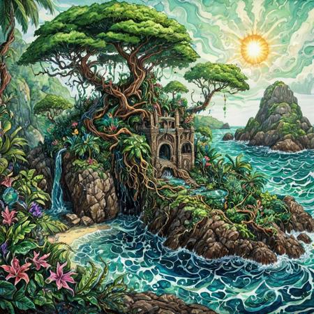 A highly detailed, vibrant, and intricately textured ink and watercolour fantasy artwork depicting a mystical island nestled within a lush jungle, surrounded by crystal-clear tropical waters and majestic ocean waves that pound the rocky shore. The island's terrain is a tapestry of emerald green foliage, with exotic flowers and twisted vines snaking around ancient, gnarled trees. Every element, from the delicate seaweed swaying in the currents to the intricate patterns etched into the island's stone structures, is rendered in exquisite, hyper-realistic detail. The color palette is a kaleidoscope of blues and greens, with splashes of bright coral, sun-kissed gold, and iridescent purple, evoking a sense of enchantment and wonder.