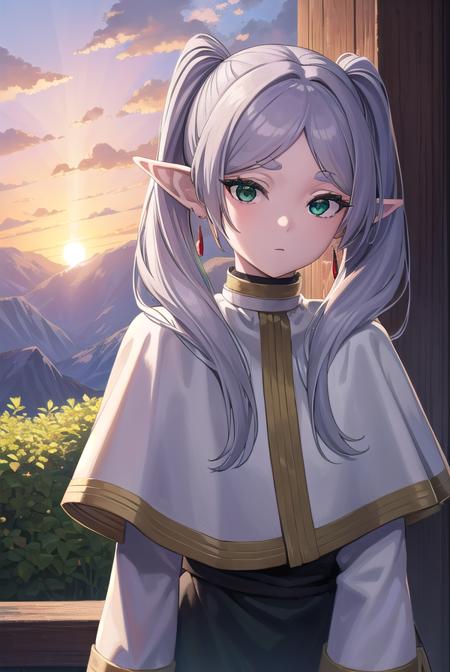 frieren, long hair, twintails, (green eyes:1.5), grey hair, pointy ears, elf, shirt, long sleeves, jewelry, pantyhose, earrings, striped, black pantyhose, capelet, striped shirt,