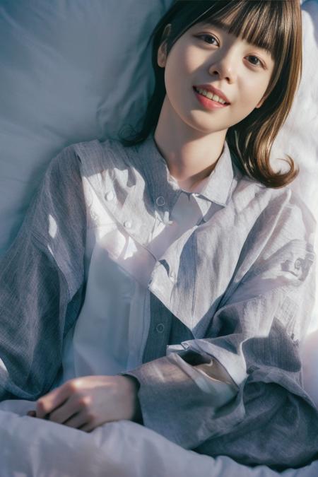 wearing oversized shirt, medium sleeves, long skirt, (yagi, thick lips:0.6), soft light, best lighting, (RAW photo, best quality), (realistic, photo-realistic:1), masterpiece, an extremely delicate and beautiful, extremely detailed, 2k wallpaper, Amazing, finely detail, extremely detailed CG unity 8k wallpaper, ultra-detailed, highres, soft light, beautiful detailed girl, detailed face, extremely detailed eyes and face, beautiful detailed nose, beautiful detailed eyes, slender body, <lora:yagi-06:1.2>, smiling, lying, lay down, laying down, on bed, full body shot, wide shot,