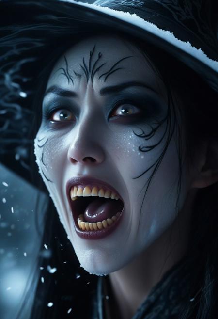 A cinematic extreme close-up of assassinmihq reimagined as a terrifying japanese witch. Her mouth is wide open in a menacing scream, revealing sharp, jagged teeth, as poison Cloud breath escapes into the eerie air. Her translucent skin glows faintly, as if made of magic, with intricate patterns glistening across her face. Her wide, glowing eyes exude both beauty and terror, contrasting with the eerie perfection of her Ethereal form. Backlighting creates a dramatic, atmospheric glow, illuminating the snowflakes swirling in the air and emphasizing the sharp edges of her charming visage. The scene is chilling, intense, and hauntingly beautiful.