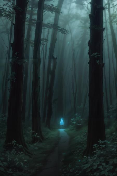 A lone wanderer, cloaked in shadows, navigates an otherworldly forest filled with bioluminescent flora. In the distance, an ethereal glow beckons, revealing a hidden realm. Describe the wanderer's emotions and the mysteries awaiting discovery in this fantastical forest.