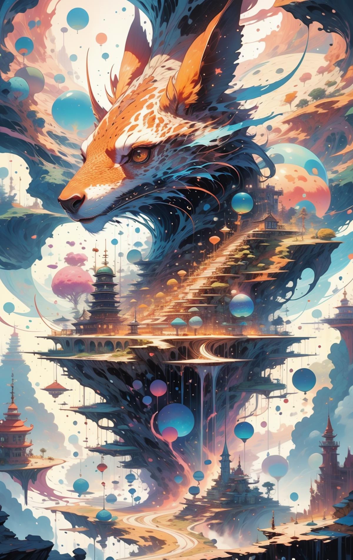 A fantasy artwork of a fox with a city in the background.