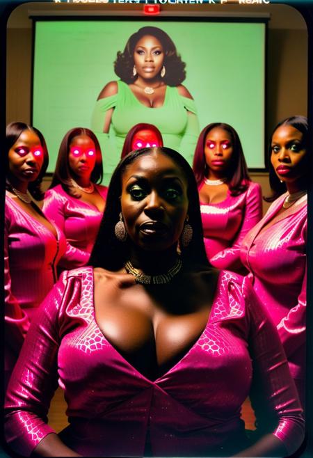 ()Hyoer Realistic:2.0)Polaroid picture of 
a hyper realistic Movie Still of (80 years old ((busty:1.3)) (((african american))) women) 
 of a group of stern, suited College Board of Trustees (Standing exposing large breasts ), their (possessed glowing eyes:1.70) glazing over as they fall under the hypnotic spell of a circle of Alpha Kappa Alpha Sorority Sisters.
The  (80 year old busty african american sorority sisters standing in front of the Board, resplendent in their pink and green attire:1.85) , gaze intensely at the trustees, their hands weaving intricate patterns in the air as they chant in unison.( The trustees' faces slacken, their pupils dilating as they succumb to the sisters' mesmerizing power:1.65)
(In the background, a giant budget spreadsheet displays a rapidly increasing total, the numbers spinning wildly out of control as the trustees, now completely entranced, nod in unison to allocate infinite funds to the Greek Life budget.:2.00) (Capture the surreal, mind control::2.80)
(her deeply pigmented ebony skin), (big hard nipples:1.30), (the largest macromastia tits), (extremely colossal boobs:2.6), (ultra busty hyper bimbo), (flawless boobs), (oiled nipples), (giant large dark areolas), (giant large black areolas), (very large and round areolas ), (giant areolas completely covering the breasts), (stiff long nipples),