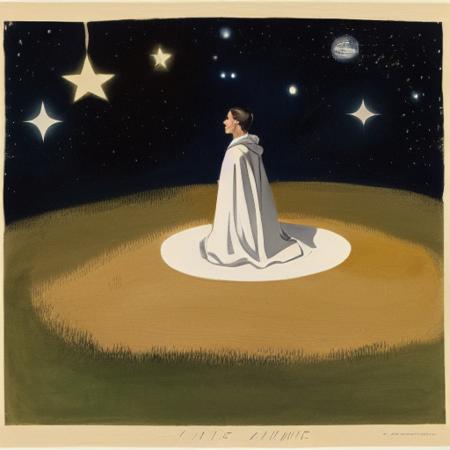 a mystic (wearing a robe), sitting in a glowing and floating circle surrounded by stars and space  EdwardHopperEmbed