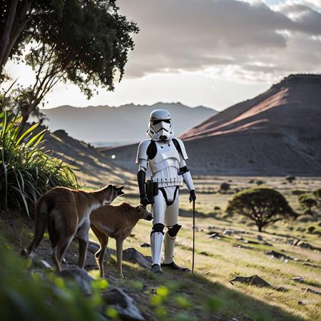 . (Photorealistic:1.2) portrait photograph of a Stormtrooper costume in the outfit of the legendary Indiana Jones with a (Quality:1.2) (Rembrandt lighting:1.3) in the scenic (Savanna:1.2) capturing the majesty of the (Exotic animals:1.1) with a (dramatic sky), (telephoto lens), and stunning background.