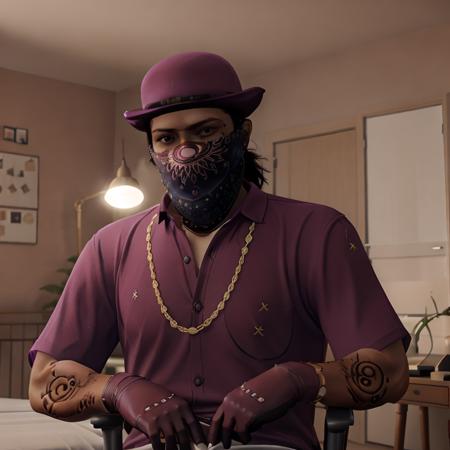 (high quality), gtasa_cncpt, solo, shirt, gloves, 1boy, hat, jewelry, male focus, tattoo, mask, chair, watch, purple shirt, lamp, inside room, <lora:gta_sa_concept:1>