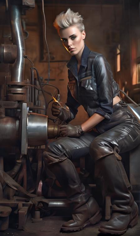 <lora:wallis_day_xl_lora_33:1> wallis day woman, Incredible modern art portrait of female metal welder at work machine, humid and sultry atmosphere, hot hourglass figure in a wet leather mini outfit, stunning beauty of brilliant art by magali villeneuve, eve ventrue, anna dittmann, mandy disher, tom bagshaw