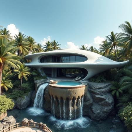 A futuristic concrete modern house in a shape of a space ship with swimigpool on a waterfall inspired from a famous architect, with exotic luxuriant vegetation around, in a tropical jungle setting, near a beach, photorealistic, a masterpiece, 4K, high details, view from close, wide lenses camera