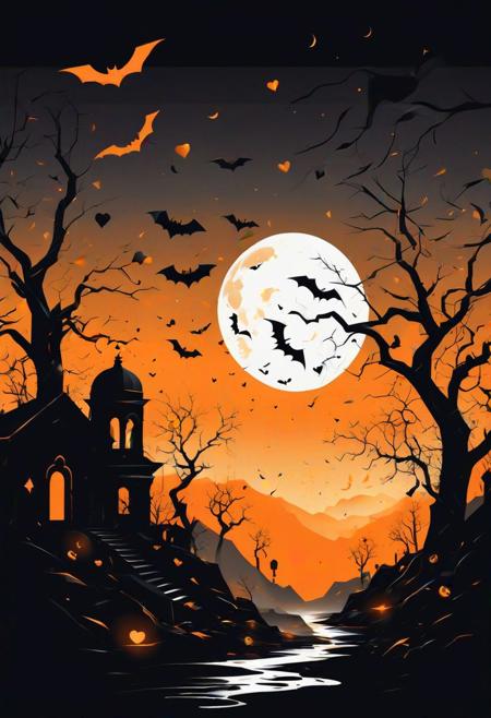 High contrast vector art, (Noir silhouette art style:1.3), Black and orange color theme, (Sweeping light:1.2), Skulls, Hearts, Bats, Moon, (Geometric shapes:1.2), Ghost in the distance, (Dynamic composition:1.2).