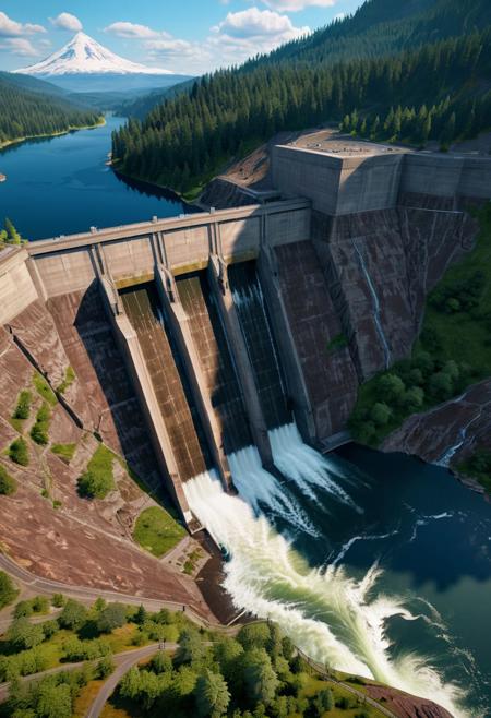 extremely detailed, landscape of a dam, lake ,in ravine, sunny weather, some cloud, unreal engine 5, perfect composition, vibrant, rtx, hbao, sharp, expanded view, dam view, pnw, (mount jefferson) (cougar-Reservoir)