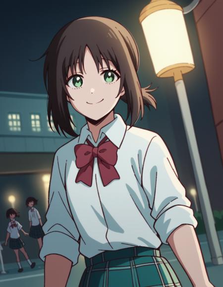 ayano hanesaki, short hair, black hair, green eyes, ponytail, short ponytail, sidelocks, skirt, shirt, bow, school uniform, white shirt, pleated skirt, collared shirt, bowtie, red bow, plaid, plaid skirt, red bowtie, sleeves rolled up,