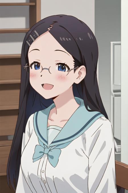 best quality, masterpiece, highres, solo, {saito_kaede_encouragementofclimb:1.15}, black_hair, glasses, blush, long_hair, hairclip, hair_ornament, blue_eyes, smile, 1girl, :d, ^_^, closed_eyes, open_mouth