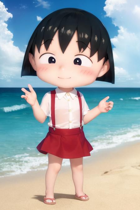 chibi, cbmrk, suspenders, black hair, short hair, red skirt, white shirt, smile, beach <lora:chibi_maruko-000003:1>