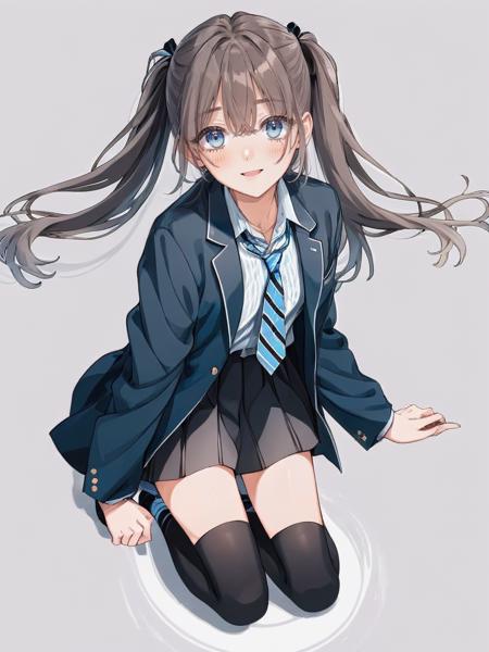 1girl, solo, shirt, skirt, white shirt, jacket, white background, necktie, blue eyes, collared shirt, brown hair, long hair, shoes, two side up, hair between eyes, pleated skirt, grey skirt, socks, simple background, looking at viewer, full body, striped, bangs, diagonal-striped necktie, blush, black jacket, loafers, scrunchie, long sleeves, blue necktie, grey socks, striped necktie, diagonal stripes, hair scrunchie, hands on hips, standing, open mouth, black skirt, smile, school uniform, hair ornament, open jacket, black scrunchie, open clothes, brown footwear, track jacket, black footwear, very long hair, fang, breasts, white socks