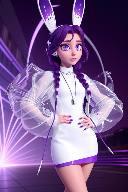 <lora:Discboom640:0.8>, xyzdiscboom, big eyes, Russian, 1girl, solo, twin braids, long braids, looking_at_viewer, (purple eyes), nose, mouth, makeup, jewelry, bangs, purple hair, rabbit_ears, see-through_sleeves, white sleeves, white_footwear, sneakers, turtleneck, cross necklace, white headphones, neon, posing, white sclera, purple iris,  puffy_long_sleeves