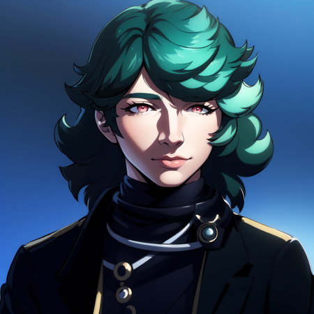 1boy, green hair, curly hair, black belt, black pants, jacket, multicolored eyes, side cape, black cape 1boy, green hair, parted bangs, forehead, multicolored eyes, ponytail, black jacket, white shirt, collared shirt