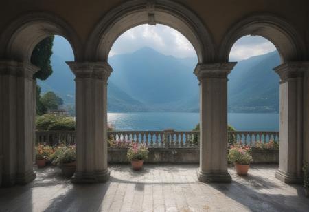 A view of Lake Como from an old Italian villa with columns and arches, flowers in white on each side of the arched doorways, the dramatic and cloudy sky with sun rays shining through, mountains visible across the water,