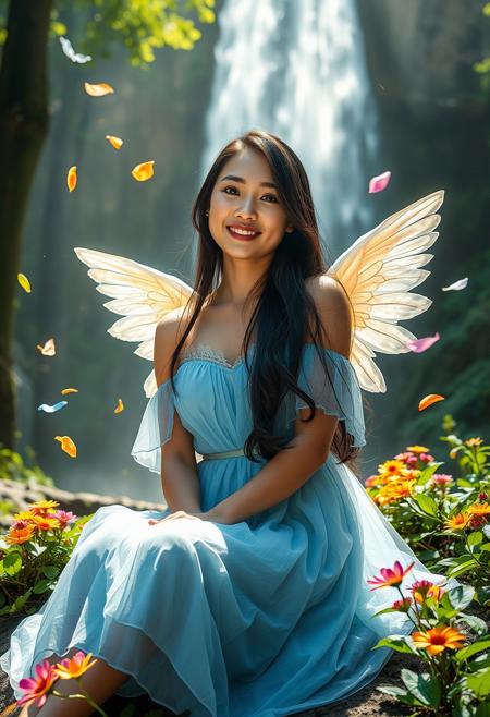 An Asian woman, with vibrant blue eyes and long hair cascading down her back, sits serenely under a breathtaking waterfall. Her smile radiates warmth as she wears a delicate blue pastel dress that shimmers in the sunlight. Angelic wings sprout from her shoulders, blending seamlessly into the lush forest surroundings. Flying leaves and petals dance around her, surrounded by towering trees and vibrant flowers. The 8K DSLR photo captures photorealistic cinematic detail, transporting viewers to an idyllic haven.