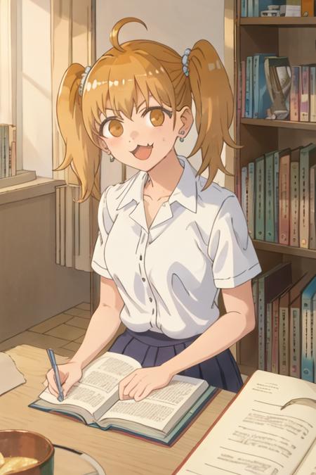 best quality, masterpiece, highres, solo, {yoshi_donttoywithmemissnagatoro:1.15}, twintails, brown_eyes, earrings, jewelry, ahoge, :3, hair_ornament, smile, blonde_hair, orange_hair, brown_hair, 1girl, bookshelf, indoors, open_mouth, shirt, white_shirt, book, fang, looking_at_viewer, stud_earrings, :d, parody, sweatdrop, v-shaped_eyebrows