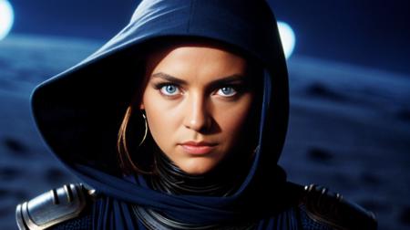 a fremen girl from the Dune franchise, in the style of the david lynch movie from 1984, fierce, petite, piercing blue eyes