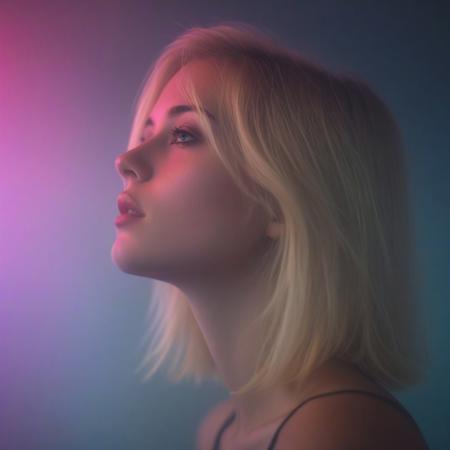 Beautiful blonde Young woman, 20 years old, cute face ,profile, looking slightly upward, moody, hazy, foggy, neon lights break through the dense fog, artsy, pop album cover shot, graphic design background, close up on woman's face