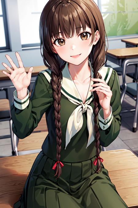 masterpiece, best quality, highres, aayoshino, long hair, twin braids, brown eyes, hair over shoulder, school uniform, sailor collar, neckerchief, green shirt, sailor shirt, long sleeves, green skirt, long skirt, <lora:shimazu_yoshino_v1:0.7>, classroom, waving, smile, sitting