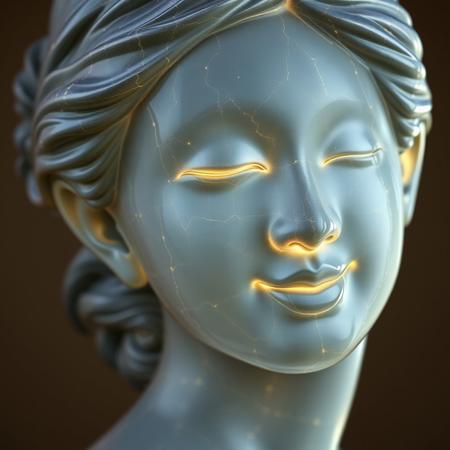Close-up portrait of a statue of a an asian woman. Her head and body are semi-translucent, with numerous, glowing, fine, hairline cracks. A gentle breeze blows through her hair back as she turns her head slightly and stops to face the viewer. She blinks and then shyly smiles softly at the viewer.