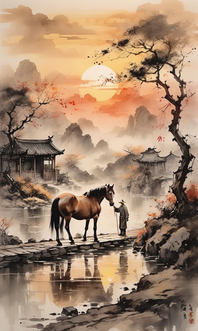 A man leading a horse across a bridge over a river at sunset.