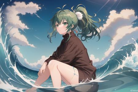 masterpiece, best quality, 1girl, upper body, sitting, swept bangs, medium hair, ponytail, green hair, sweater, fluffy, outdoors, horizon, sky, ocean, water, water world, waves, ripples, , <lora:kogane:0.9>