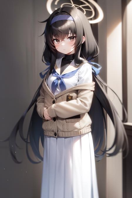 ui(blue archive), 1girl ,solo , long hair , twintails, black hair, hairband , serafuku, sailor collar, school uniform, long skirt , pleated skirt, neckerchief, cardigan,white skirt , standing, halo , bags under eyes, pantyhose, looking at viewer, hair hair between eyes, <lora:ui:0.7>,