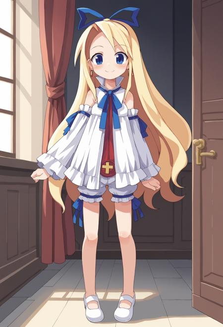 disflonne blue eyes, bare shoulders, base flonne outfit, blue neck ribbon, blue hair bow, underwear, detached sleeves, white footwear, white bloomers, yellow earrings, red eyes, heart earrings, red tail, red hair ribbon, red neck ribbon, fallen flonne outfit, white tail bow, red earrings, detached sleeves, pointy ears, bare legs, demon girl, red wings, demon tail, red leotard, red footwear,