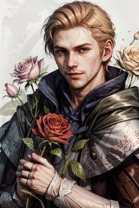 (masterpiece, best quality:1.2)
AlistairDA, 1boy, male focus, solo, flower, facial hair, blonde hair, cape, short hair, holding flower, rose, stubble, gloves, fingerless gloves, holding, red flower, upper body, white background, looking at viewer, beard
<lora:add_detail:0.7> <lora:epi_noiseoffset2:1> <lora:AlistairDA:0.8>