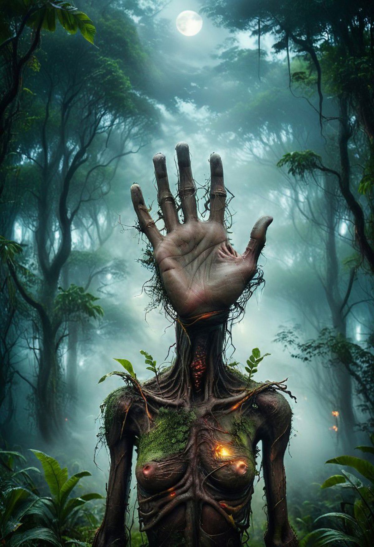 A person with a tree growing through their chest and vines in their hand in a forest.