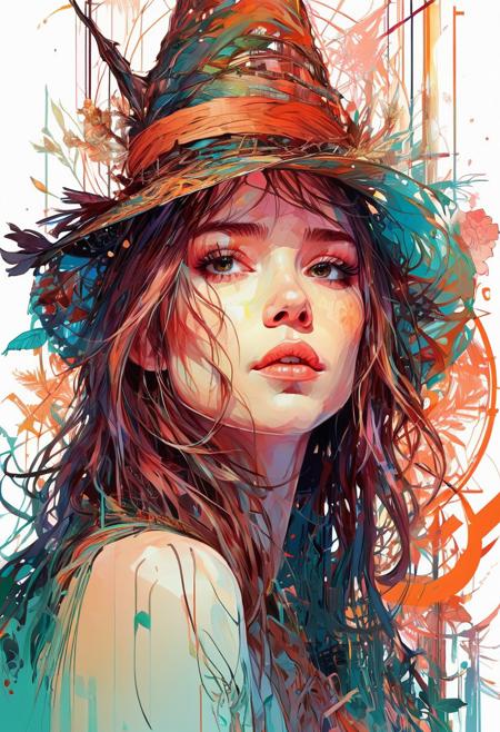 Abstract style a young witch in her tower| centered| key visual| intricate| highly detailed| breathtaking beauty| precise lineart| vibrant| comprehensive cinematic| Carne Griffiths| Conrad Roset . Non-representational, colors and shapes, expression of feelings, imaginative, highly detailed