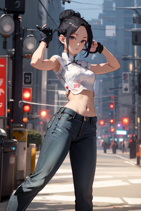 FongLing, 1girl, solo, gloves, black hair, single glove, denim, jeans, chinese clothes, black eyes, hair bun, navel, pants, midriff, 