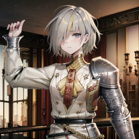 kromer there is a drawing of an anime character in armor standing in a fighting stance, solo, armor, hair over one eye, kromer, indoors, room background, multicolored hair, gray hair, blonde hair,