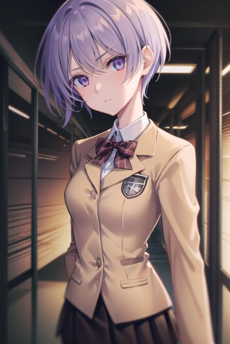 ayasekishimoto, <lora:ayasekishimototest:1>,
ayase kishimoto, short hair, purple eyes, purple hair, narrow eyes, slanted eyes, angry,
BREAK skirt, school uniform, jacket, pantyhose, black pantyhose, blazer, (brown blazer:1.2), (brown jacket:1.2),
BREAK looking at viewer,
BREAK indoors, classroom,
BREAK <lora:GoodHands-vanilla:1>, (masterpiece:1.2), best quality, high resolution, unity 8k wallpaper, (illustration:0.8), (beautiful detailed eyes:1.6), extremely detailed face, perfect lighting, extremely detailed CG, (perfect hands, perfect anatomy),