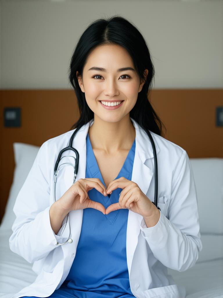 masterpiece,best quality,4k,(cowboy shot), 1girl, (sideways v:1.4), smiling beautiful Japanese female doctor wearing white labcoat over scrubs, sitting, beautiful detailed face, black hair, pale skin, realistic skin, detailed cloth texture, detailed hair texture, Perfect proportion, accurate, Anatomically correct, Highly detailed face and skin texture, modern hospital room, photorealistic, looking at looking at viewer,(cowboy shot), 1girl, (making heart with hands), smiling beautiful Japanese female doctor wearing white labcoat over scrubs, sitting, beautiful detailed face, black hair, pale skin, realistic skin, detailed cloth texture, detailed hair texture, Perfect proportion, accurate, Anatomically correct, Highly detailed face and skin texture, modern hospital bed, photorealistic, looking at viewer