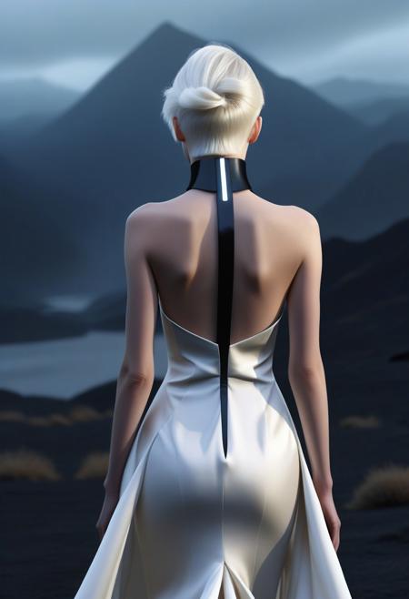 This is a digital artwork, likely created using CGI, featuring a young woman with an ethereal, otherworldly appearance. She stands in a misty, twilight landscape with dark, hazy mountains in the background. The woman has a fair, smooth complexion and is dressed in a flowing, white, off-the-shoulder gown adorned with intricate, glowing neon accents.
The image is a photograph of a fashion model walking on a runway. The model is a woman with platinum blonde hair styled in an elegant updo. She is wearing a striking, avant-garde outfit that includes a sleeveless, high-neck black dress made of a smooth, shiny fabric, possibly satin or silk. The dress has a high collar that adds to the futuristic, high-fashion aesthetic. The image is a high-resolution photograph showcasing the back of a person with platinum blonde hair styled in a sleek, straight bob. The hair is adorned with numerous black and dark brown hair clips, creating an abstract, geometric pattern across the back of the head. The clips are arranged in a chaotic, scattered manner, with some clips overlapping and others standing upright, adding a modern, avant-garde aesthetic to the hairstyle.